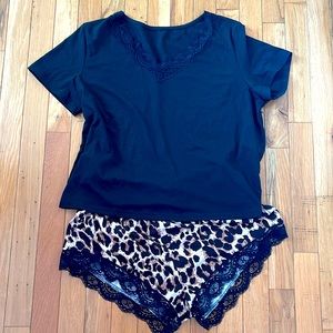 Womens Lace Trim Tee & Leopard Print Shorts PJ Set